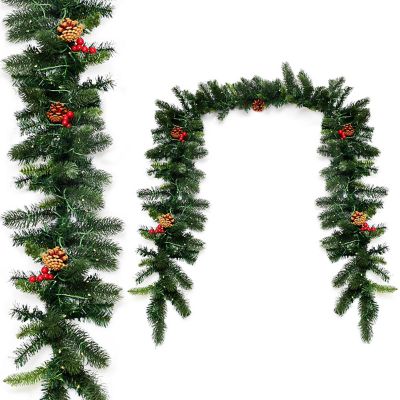 Costway 9Ft Pre-lit Artificial Christmas Garland Red Berries w/ 100 LED Lights & Timer Image 3