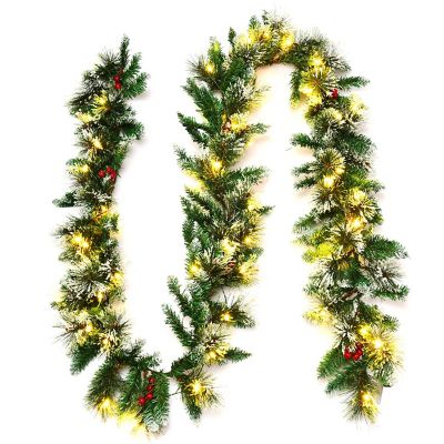 Costway 9ft Pre-lit Christmas Garland w/ Snow Flocked Tips Red Berries 50 Lights & Timer Image 1