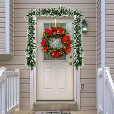 Costway 9ft Pre-lit Christmas Garland w/ Snow Flocked Tips Red Berries 50 Lights & Timer Image 1