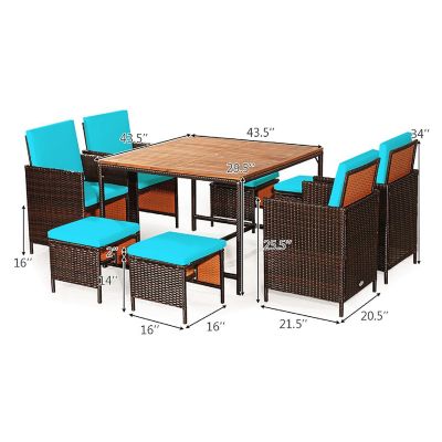 Costway 9PCS Patio Rattan Dining Set Cushioned Chairs Ottoman Wood Table Top Turquoise Image 2