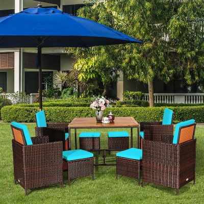 Costway 9PCS Patio Rattan Dining Set Cushioned Chairs Ottoman Wood Table Top Turquoise Image 3