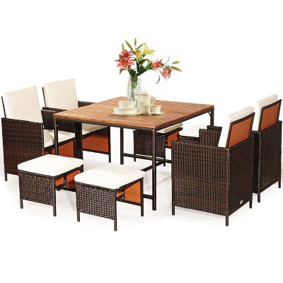 Costway 9PCS Patio Rattan Dining Set Cushioned Chairs Ottoman Wood Table Top White Image 1