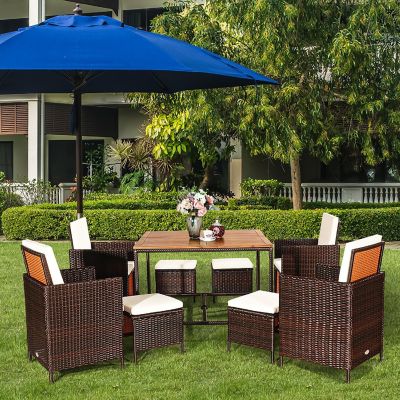 Costway 9PCS Patio Rattan Dining Set Cushioned Chairs Ottoman Wood Table Top White Image 1