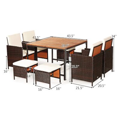 Costway 9PCS Patio Rattan Dining Set Cushioned Chairs Ottoman Wood Table Top White Image 3