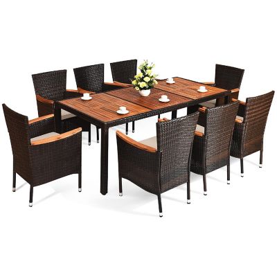 Costway 9PCS Patio Wicker Dining Set Acacia Wood Table Top Umbrella Hole Cushions Chairs Image 1