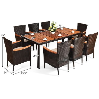 Costway 9PCS Patio Wicker Dining Set Acacia Wood Table Top Umbrella Hole Cushions Chairs Image 2