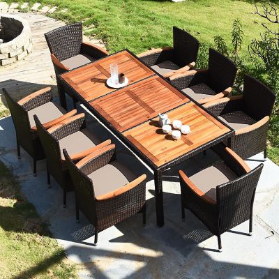 Costway 9PCS Patio Wicker Dining Set Acacia Wood Table Top Umbrella Hole Cushions Chairs Image 3