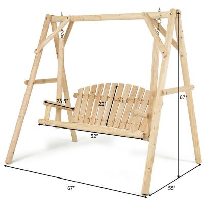 Costway A-Frame Wooden Porch Swing Outdoor garden rural Torched Log Curved Back Bench Image 1