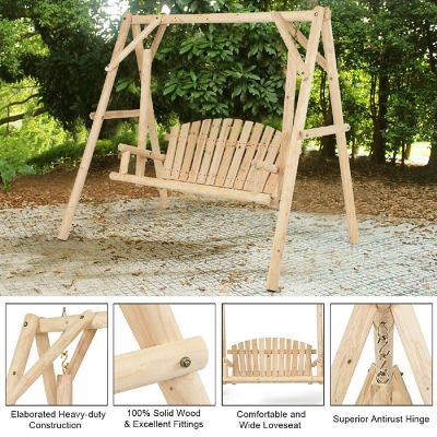 Costway A-Frame Wooden Porch Swing Outdoor garden rural Torched Log Curved Back Bench Image 2