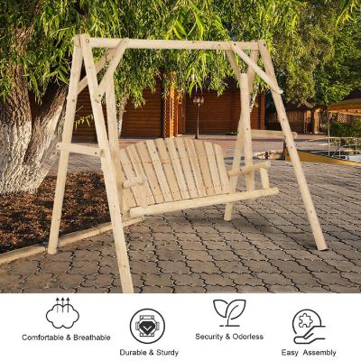 Costway A-Frame Wooden Porch Swing Outdoor garden rural Torched Log Curved Back Bench Image 3