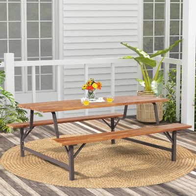 Costway Acacia Wood Patio Picnic Table Bench Set  with 71'' Tabletop &#65286; 2'' Umbrella Hole Image 1