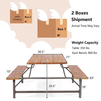 Costway Acacia Wood Patio Picnic Table Bench Set  with 71'' Tabletop &#65286; 2'' Umbrella Hole Image 2