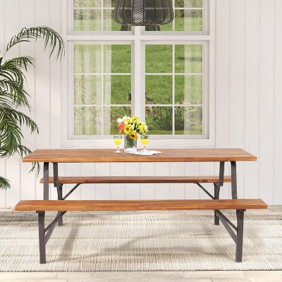 Costway Acacia Wood Patio Picnic Table Bench Set  with 71'' Tabletop &#65286; 2'' Umbrella Hole Image 3