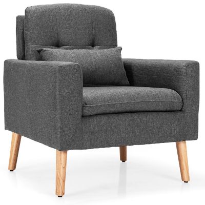 Costway Accent Chair Upholstered Linen Armchair Sofa Chair w/Waist Pillow Grey Image 1