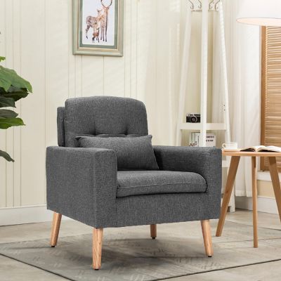 Costway Accent Chair Upholstered Linen Armchair Sofa Chair w/Waist Pillow Grey Image 2