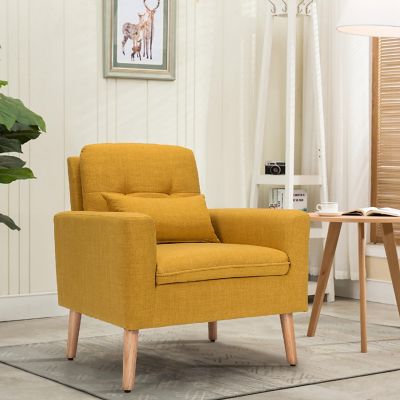 Costway  Accent Chair Upholstered Linen Armchair Sofa Chair w/Waist Pillow Yellow Image 2