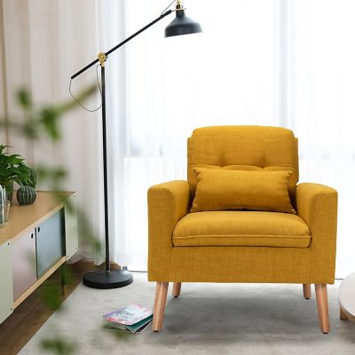 Costway  Accent Chair Upholstered Linen Armchair Sofa Chair w/Waist Pillow Yellow Image 3