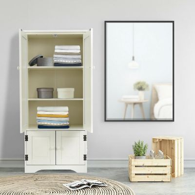 Costway Accent Storage Cabinet Adjustable Shelves Antique 2 Door Floor Cabinet Cream White Image 3