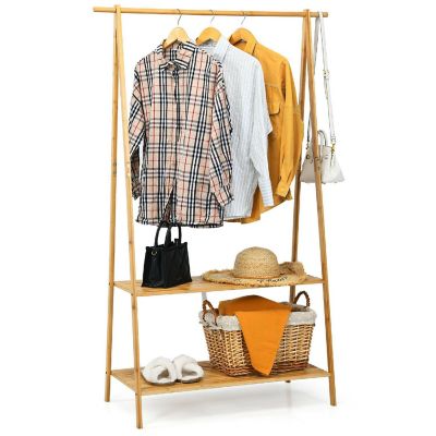 Costway Bamboo Garment Rack Clothes Hanging Rack w/2-Tier Storage Shelf Entryway Bedroom Image 1