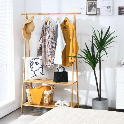 Costway Bamboo Garment Rack Clothes Hanging Rack w/2-Tier Storage Shelf Entryway Bedroom Image 1