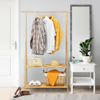 Costway Bamboo Garment Rack Clothes Hanging Rack w/2-Tier Storage Shelf Entryway Bedroom Image 2