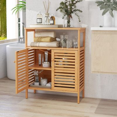 Costway Bamboo Storage Cabinet with Double Louvered Doors Open Shelf & Removable Shelf Image 1