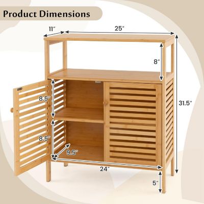 Costway Bamboo Storage Cabinet with Double Louvered Doors Open Shelf & Removable Shelf Image 2