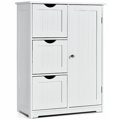Costway Bathroom Floor Cabinet Side Storage Cabinet with 3 Drawers and 1 Cupboard White Image 1