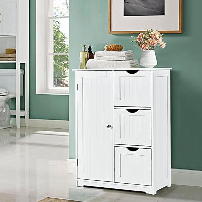 Costway Bathroom Floor Cabinet Side Storage Cabinet with 3 Drawers and 1 Cupboard White Image 1