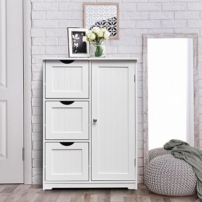 Costway Bathroom Floor Cabinet Side Storage Cabinet with 3 Drawers and 1 Cupboard White Image 2