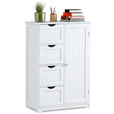 Costway Bathroom Storage Wooden 4 Drawer Cabinet Cupboard 2 Shelves Free Standing White Image 1