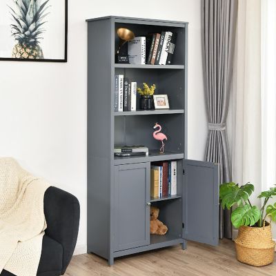 Costway Bookcase Shelving Storage Wooden Cabinet Unit Standing Bookcase W/Doors Gray Image 2