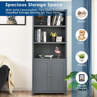 Costway Bookcase Shelving Storage Wooden Cabinet Unit Standing Bookcase W/Doors Gray Image 3