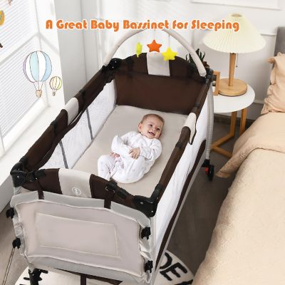 Costway Coffee Baby Crib Playpen Playard Pack Travel Infant Bassinet Bed Foldable Image 3