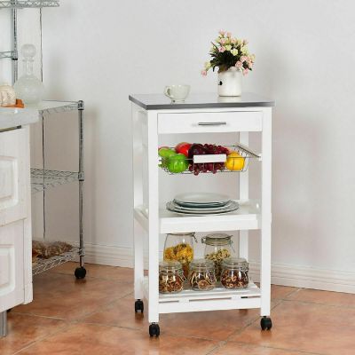 Costway Compact Kitchen Island Cart Rolling Service Trolley with Stainless Steel Top Basket Image 2