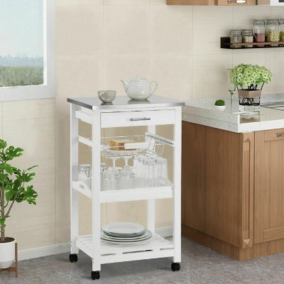 Costway Compact Kitchen Island Cart Rolling Service Trolley with Stainless Steel Top Basket Image 3