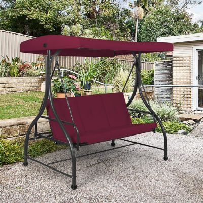 Costway Converting Outdoor Swing Canopy Hammock 3 Seats Patio Deck Furniture Wine Red Image 2