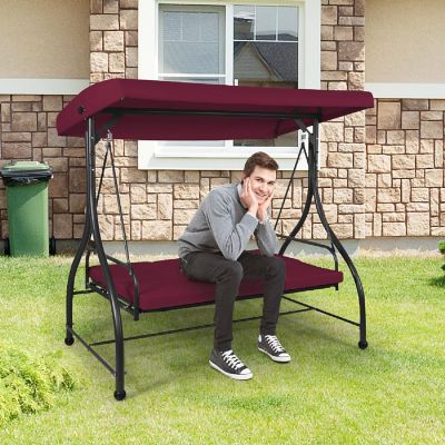 Costway Converting Outdoor Swing Canopy Hammock 3 Seats Patio Deck Furniture Wine Red Image 3