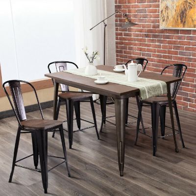 Costway Copper Set of 4 Metal Wood Counter Stool Kitchen Dining Bar Chairs Rustic Full Back Image 2