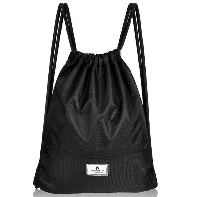 Costway Drawstring Backpack String Bag Folding Sports Sack w/Zipper Pocket Black Image 1