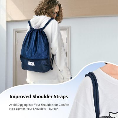 Costway Drawstring Backpack String Bag Folding Sports Sack w/Zipper Pocket Blue Image 2