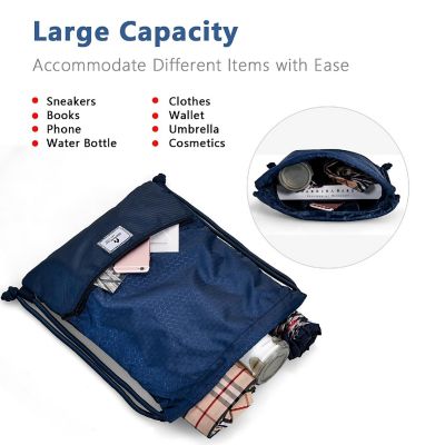 Costway Drawstring Backpack String Bag Folding Sports Sack w/Zipper Pocket Blue Image 3