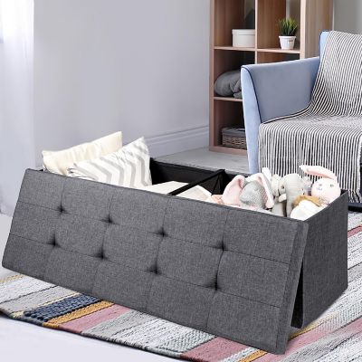 Costway Fabric Folding Storage Ottoman Storage Chest W/Divider Bed End Bench Drak Grey Image 2