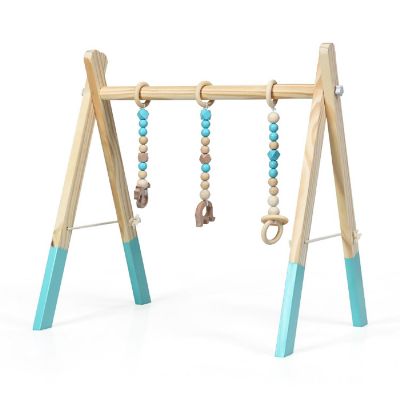 Costway Foldable Wooden Baby Gym with 3 Wooden Teething Toys Hanging Bar Green Image 1