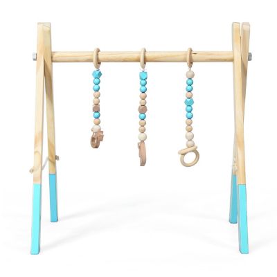 Costway Foldable Wooden Baby Gym with 3 Wooden Teething Toys Hanging Bar Green Image 1