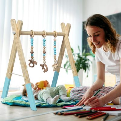 Costway Foldable Wooden Baby Gym with 3 Wooden Teething Toys Hanging Bar Green Image 3