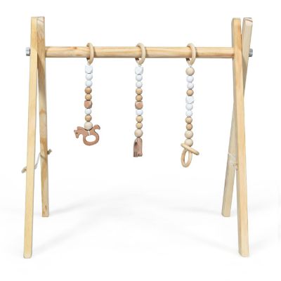 Costway Foldable Wooden Baby Gym with 3 Wooden Teething Toys Hanging Bar Natural Image 1