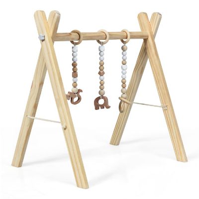 Costway Foldable Wooden Baby Gym with 3 Wooden Teething Toys Hanging Bar Natural Image 2