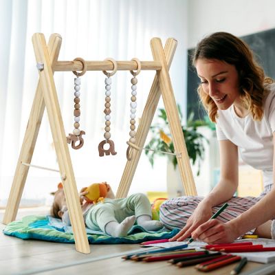 Costway Foldable Wooden Baby Gym with 3 Wooden Teething Toys Hanging Bar Natural Image 3