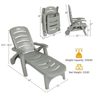 Costway Folding Chaise Lounge Chair 5-Position Adjustable Recliner Grey Image 1